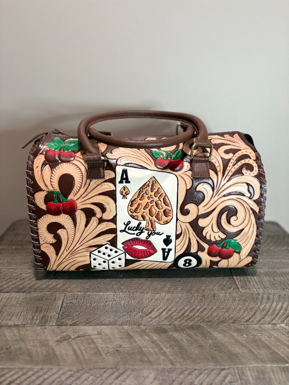 Hand Painted Tooled Leather Satchel Western Lucky You Barrel Bag Large Brown